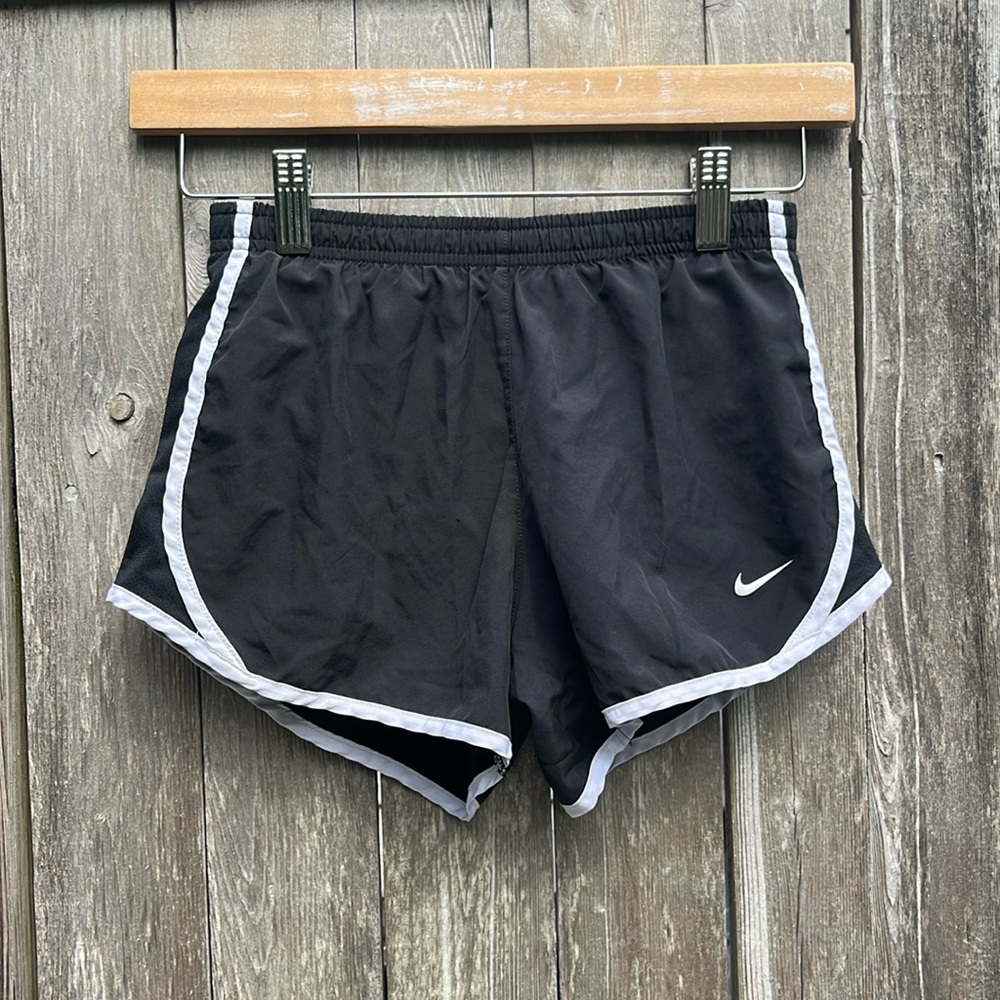 NIKE Black with White Stripe Lined Tie Waist DRY FIT Shorts,Girls,Size Medium